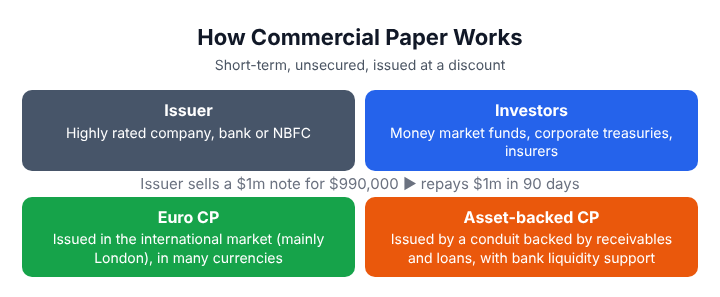 Commercial paper: an issuer sells short-term discounted notes through dealers to money market funds and other investors and repays face value at maturity, with Euro CP and asset-backed CP shown as variants