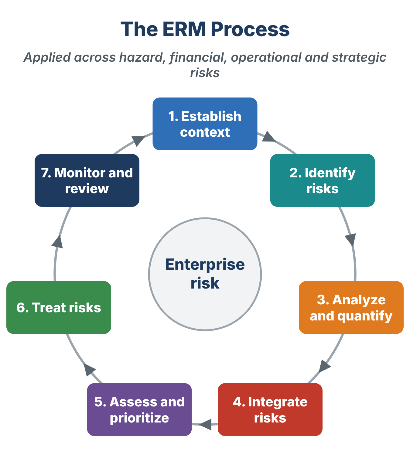 ERM process cycle: establish context, identify risks, analyze and quantify risks, integrate risks, assess and prioritize risks, treat risks, monitor and review