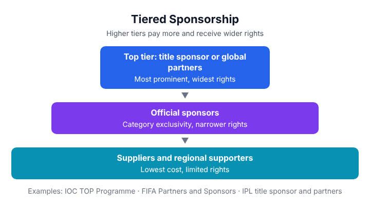 A sponsorship pyramid: a few top-tier partners pay the most for the widest rights, official sponsors and suppliers pay less for narrower rights, and each tier has its own price and benefits